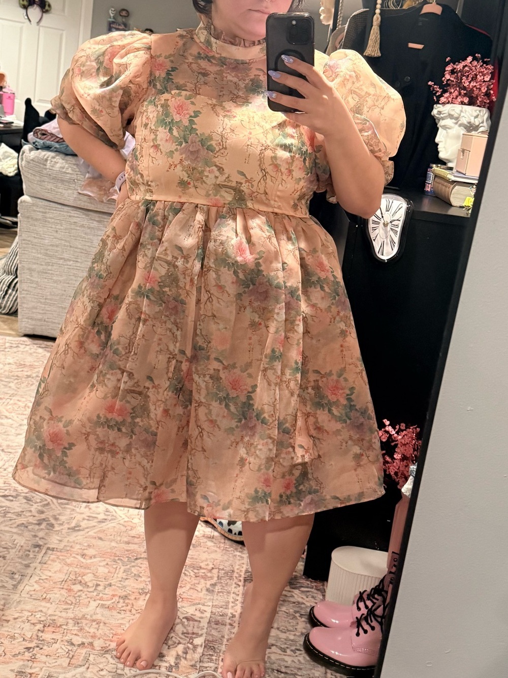 Selkie Peach Floral Organza Puff-Sleeve Mini Dress - Picture 10 of 11